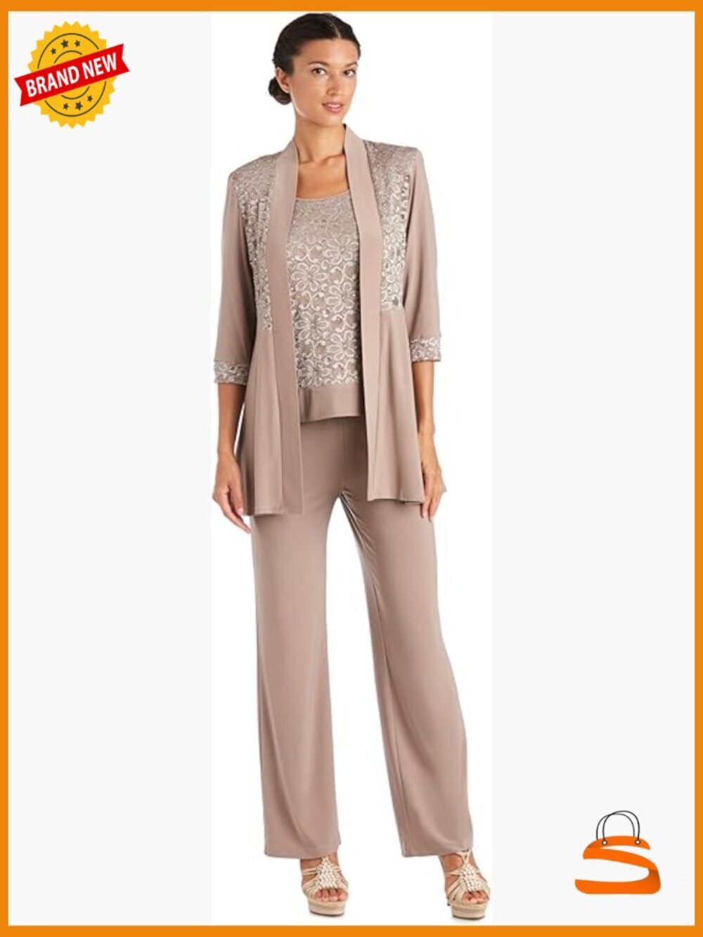 Plus Size 2-Piece Lace Pantsuit Set Mock Jacket Straight Leg Pull-On